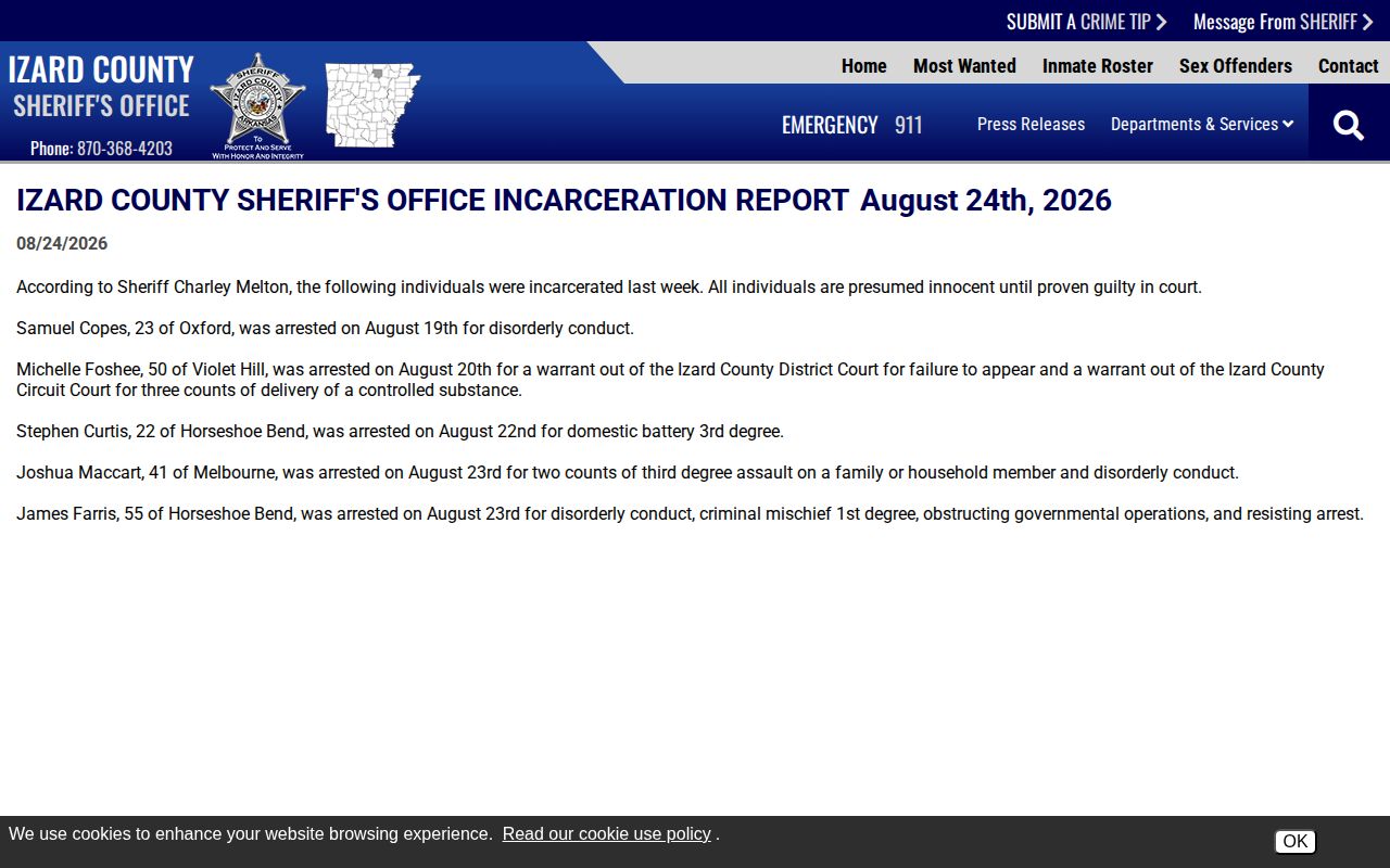Izard County sheriff weekly incarceration report with dated arrest entries