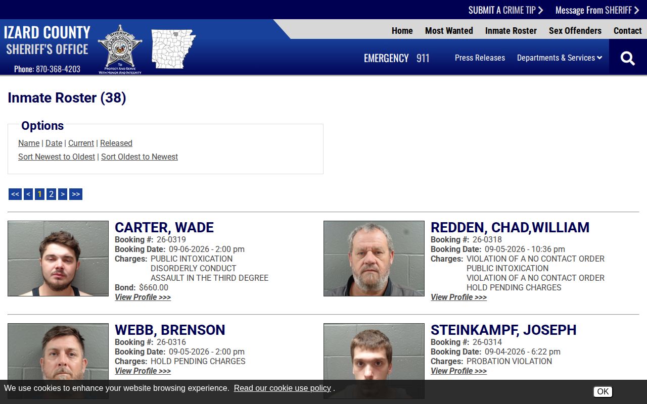 Izard County current arrest roster and booking record interface