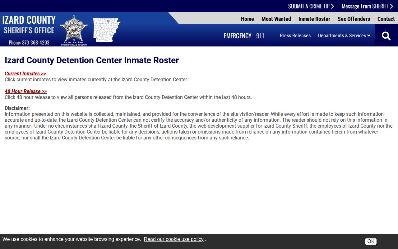 Izard County roster choice page for current inmates and 48 hour releases
