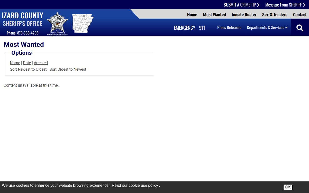 Izard County sheriff most wanted and arrest warrant page unavailable state