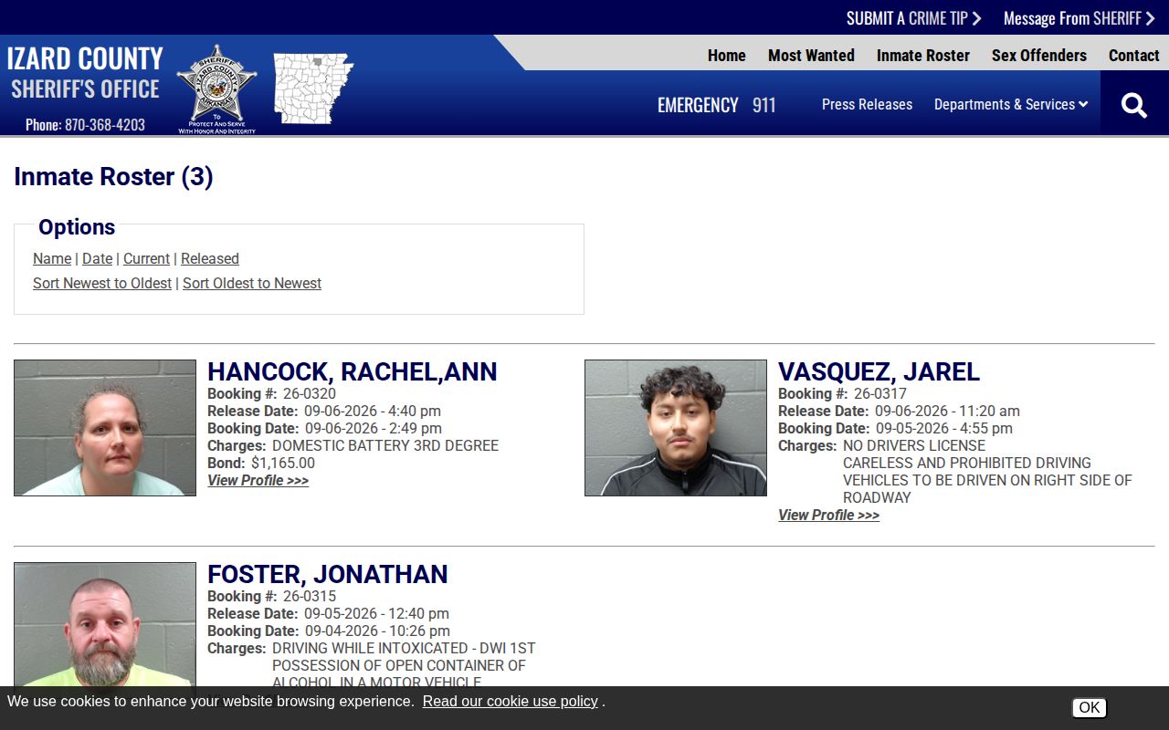 Izard County sheriff 48 hour release view clearly labeled for released inmates
