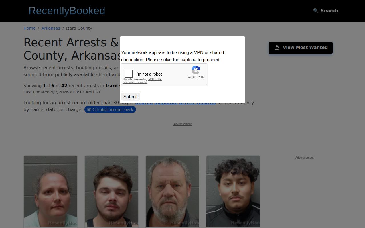 Unofficial Izard County recent arrests section on RecentlyBooked